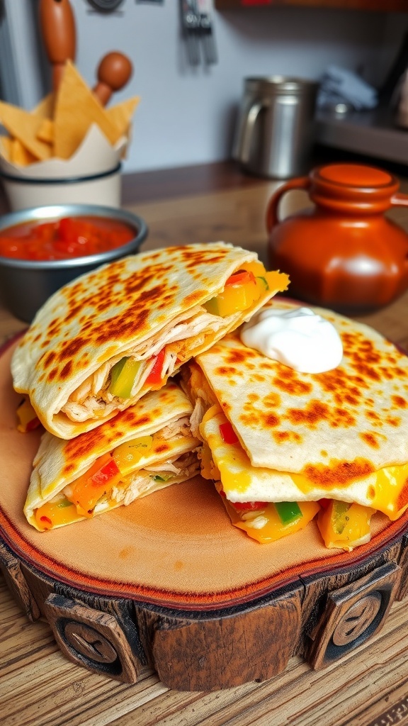 Golden crispy chicken quesadilla cut into wedges, served with salsa and sour cream on a wooden board.